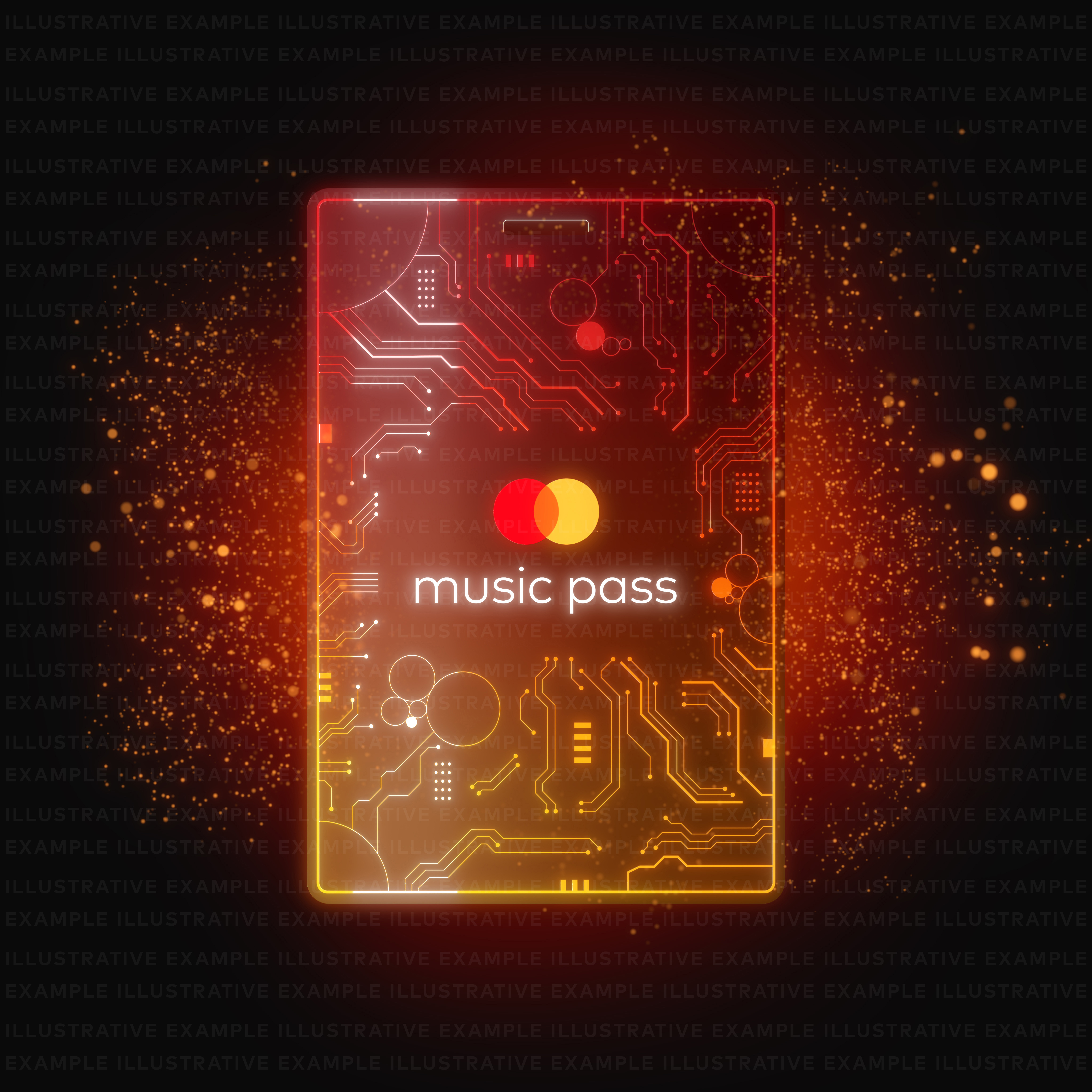 Circuit board bursting with red, orange and yellow colors with the words Music Pass overlayed beneath the Mastercard symbol on a black background.