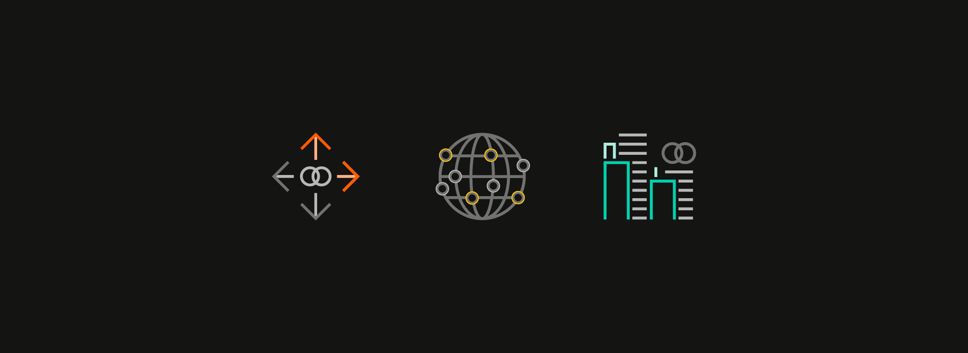 A series of three icons set against a black background, representing Mastercard connectivity and business growth.